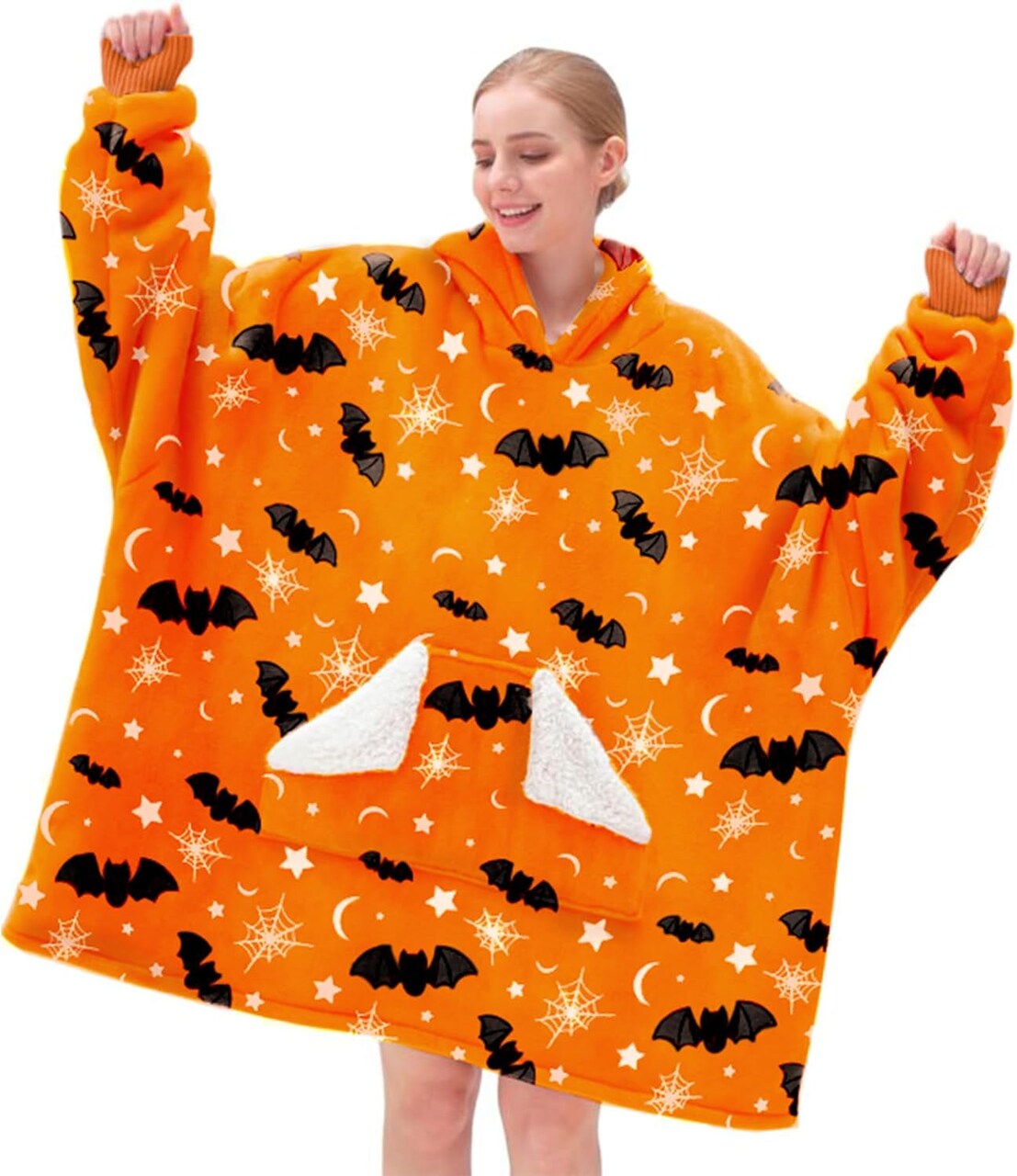 Halloween Wearable Blanket Hoodie, Orange Bat Costume Oversized Sherpa Fleece Sweatshirt Blanket with Giant Hood Pocket and Sleeves for Adult, Warm & Cozy Grey Blanket Gifts for Women